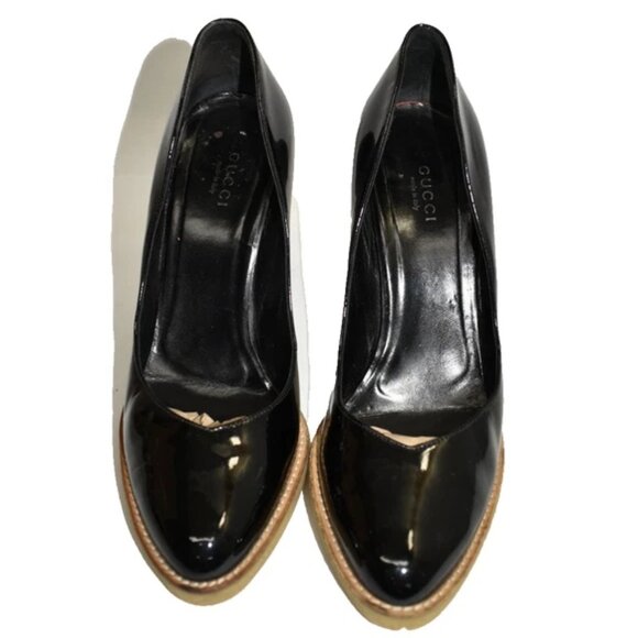 $950 GUCCI Vernice Diamond Patent Leather Pumps Black Heels Platform 7 (MG19) - Picture 3 of 9